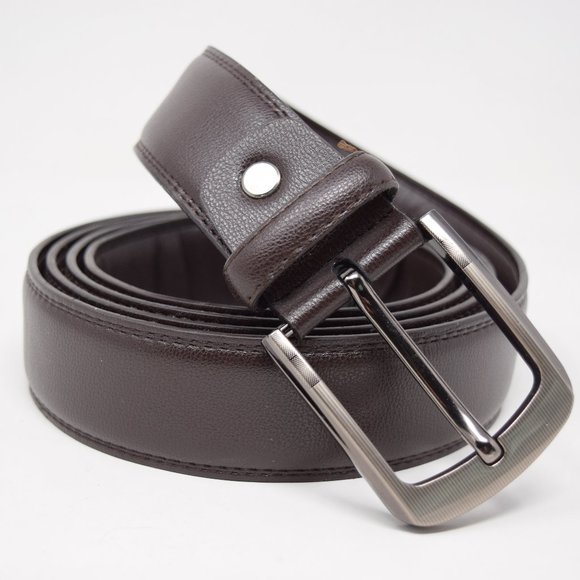 Faux Leather Belt Men 61 65 Brown Career Professional Silvertone Buckle Preppy - Picture 2 of 12